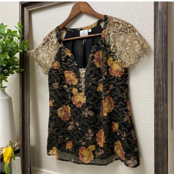 Anthropologie HD IN PARIS Floral & Gold Lace Top - Picture 8 of 16
